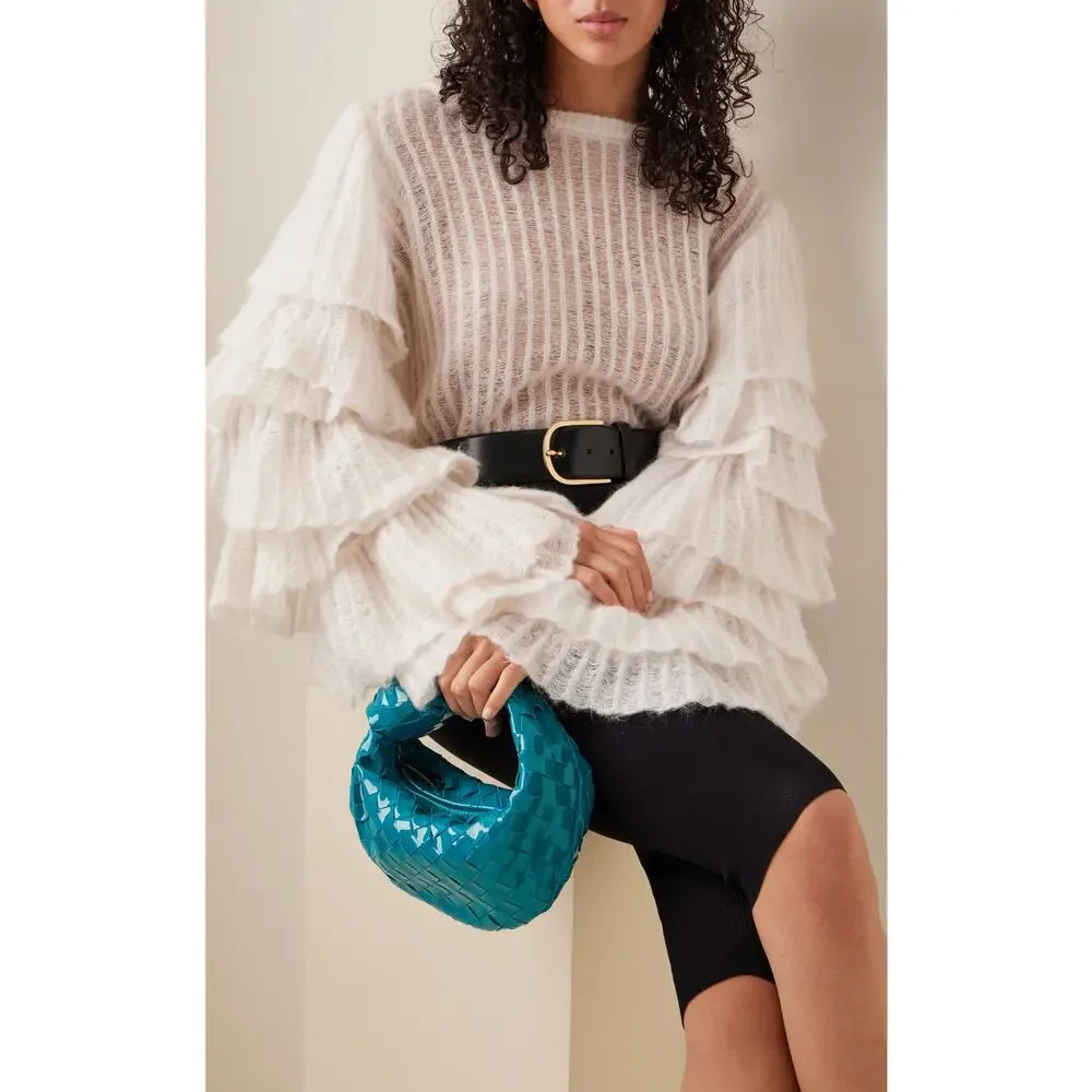 Aje Alpaca Wool Ruffle Sleeve White Sweater XS Designer Statement Knit